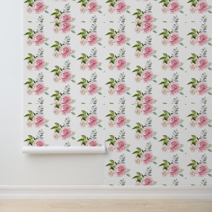 Roze Bloemen groen bladeren Waterverf Chic Behang