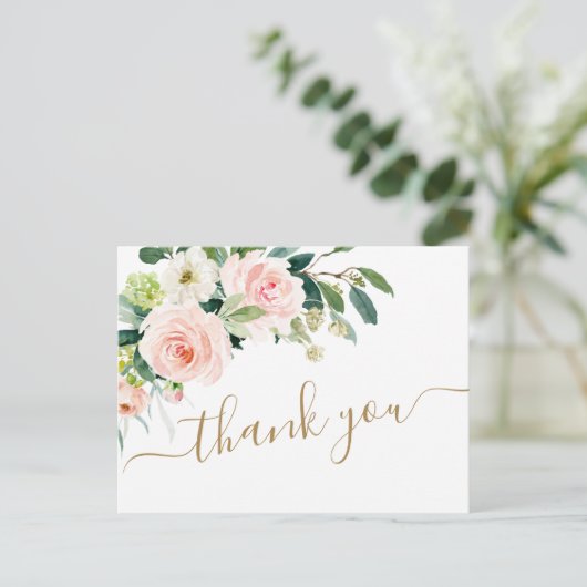 Roze bloemen groen bloemstuk dank je wel briefkaart (Staand voorkant)