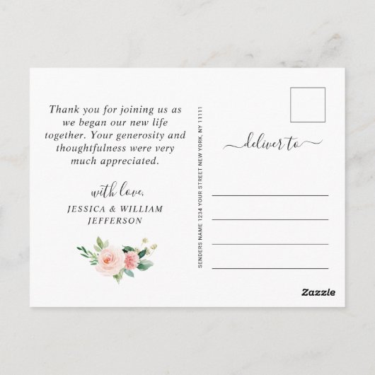 Roze bloemen groen bloemstuk dank je wel briefkaart (Achterkant)