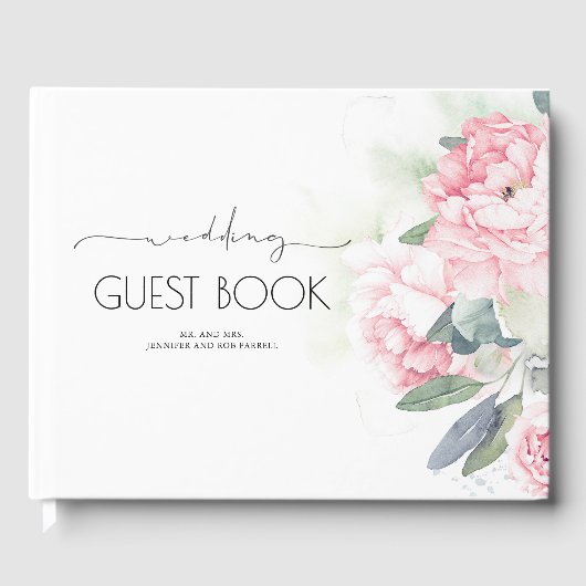  roze bloemen groen bruiloft gastenboek (Voorkant)