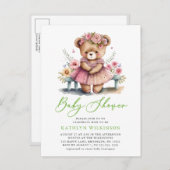 Roze Bloemen Groen Elegant Script Meisje Baby Show Uitnodiging Briefkaart (Voorkant / Achterkant)