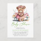 Roze Bloemen Groen Elegant Script Meisje Baby Show Uitnodiging Briefkaart (Voorkant)