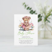 Roze Bloemen Groen Elegant Script Meisje Baby Show Uitnodiging Briefkaart (Staand voorkant)