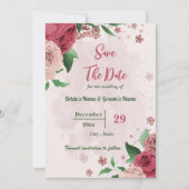 Roze Bloemen Groene bladeren Botanisch Save The Date (Voorkant)