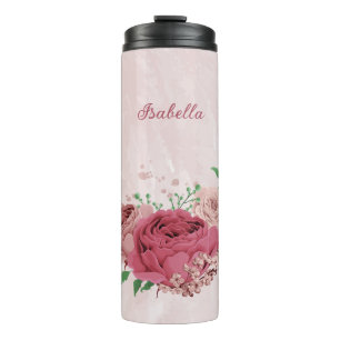 roze bloemen groene bladeren bruiloft thermosbeker