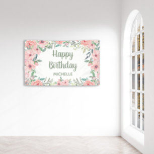Roze Bloemen Groene Bladeren Gelukkig Verjaardag Spandoek