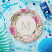 Roze bloemen Groene bladeren Monogram Initiaal Papieren Bordje (Feest)