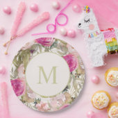 Roze bloemen Groene bladeren Monogram Initiaal Papieren Bordje (Feest)