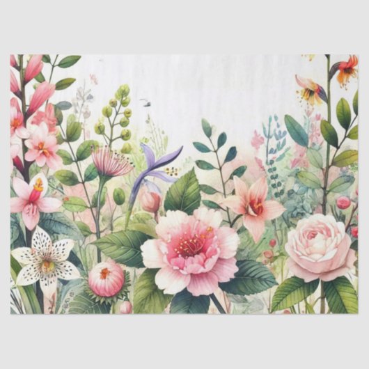 Roze bloemen groene bladeren tissuepapier (Voorkant)