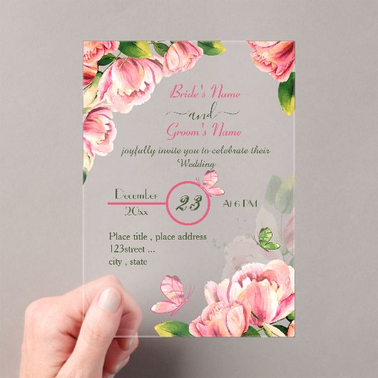 roze bloemen groene bladeren vlinders bruiloft acryl uitnodigingen (Insitu (Draagbaar))