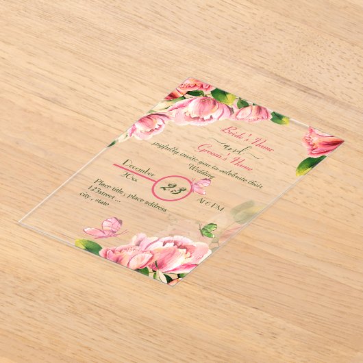 roze bloemen groene bladeren vlinders bruiloft acryl uitnodigingen (Laagn)
