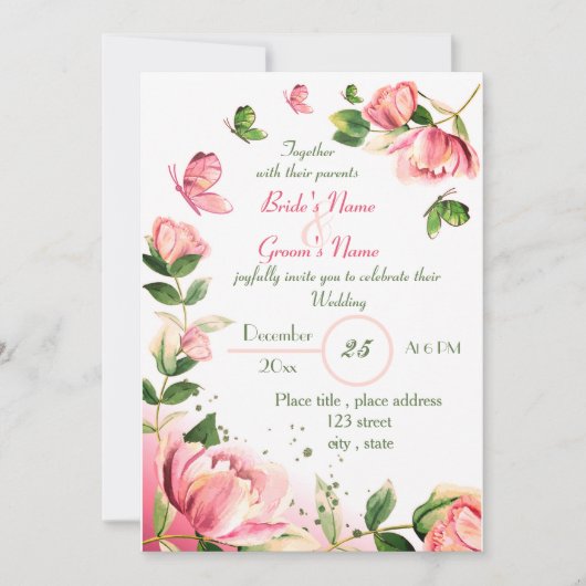 roze bloemen groene bladeren vlinders bruiloft kaart (Voorkant)