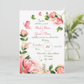 roze bloemen groene bladeren vlinders bruiloft kaart (Staand voorkant)