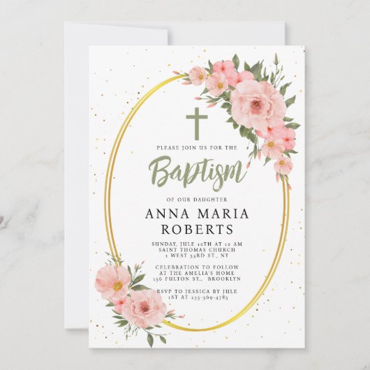 Roze bloemen Groene Girl Baptisme Kaart (Voorkant)