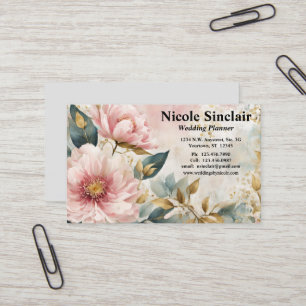 Roze Bloemen Groene & Gouden Accenten Bruiloften E Visitekaartje