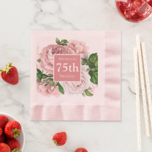 Roze Bloemen Groene Vintage 75e Verjaardag Servet