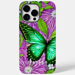 Roze bloemen groene vlinder   Gepersonaliseerde na Case-Mate iPhone 14 Pro Max Hoesje