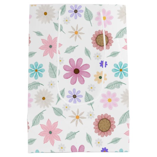 roze bloemen Groovy Retro Design Medium Cadeauzakje (Achterkant)