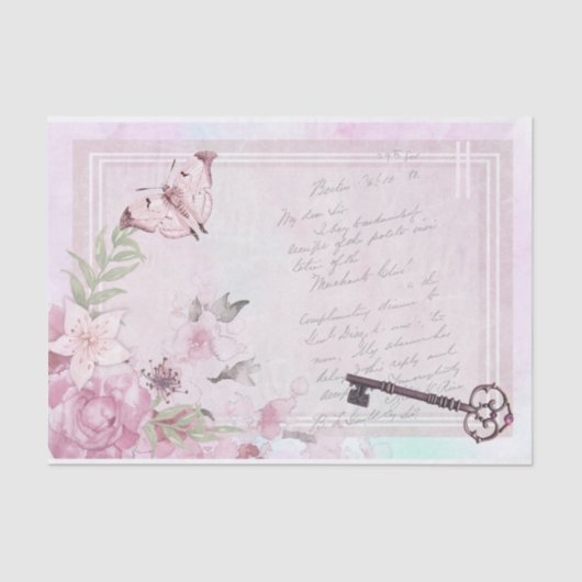 Roze Bloemen  Handschrift Ephemera Decoupage Tissuepapier (Voorkant)