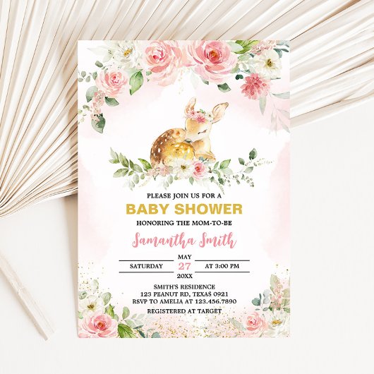 Roze Bloemen Herten Baby shower Kaart