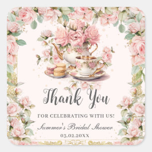  Roze Bloemen High Tea Party Vrijgezellenfeest Vierkante Sticker
