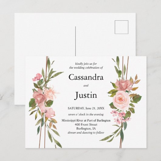 Roze Bloemen Huwelijksuitnodiging Briefkaart (Voorkant / Achterkant)