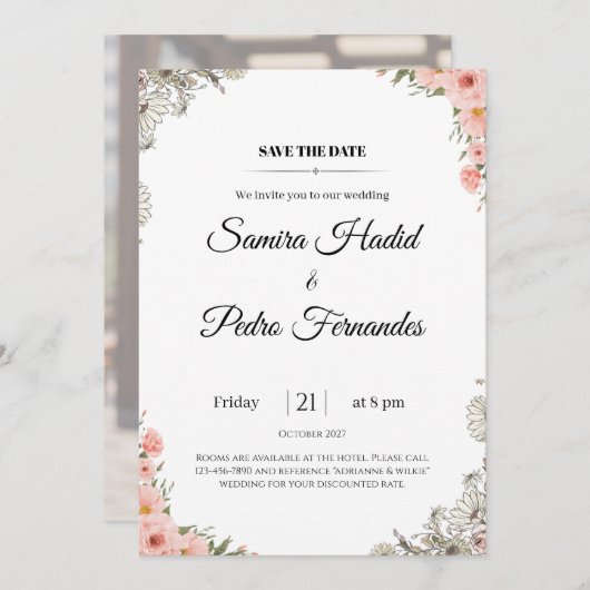 Roze Bloemen Huwelijksuitnodiging Elegante Minimal Kaart (Voorkant / Achterkant)