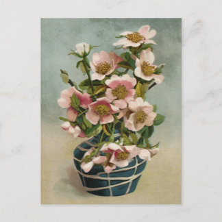  roze bloemen in blauw vet briefkaart