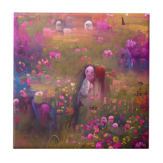 Roze bloemen in een groen veld digitale kunst tegeltje (Voorkant)