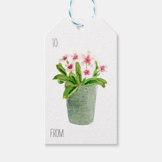 Roze bloemen in grijze pot cadeaulabel (Voorkant)