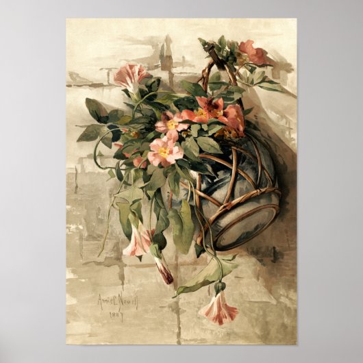 Roze bloemen in hangende vaas poster (Voorkant)