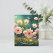 Roze bloemen in veld BEDANKT U | Blanco Briefkaart (Staand voorkant)