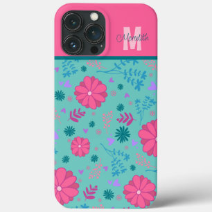 Roze Bloemen Inspirivity Aangepaste Naam Monogram iPhone 13 Pro Max Hoesje