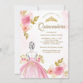 Roze Bloemen Jurk Princess Gold Quinceanera Kaart (Voorkant)