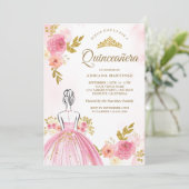 Roze Bloemen Jurk Princess Gold Quinceanera Kaart (Staand voorkant)