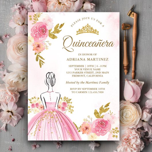 Roze Bloemen Jurk Princess Gold Quinceanera Kaart