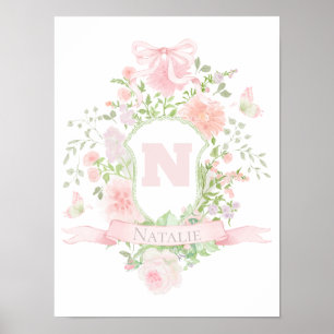 roze bloemen kam initiaal naam baby meisje poster