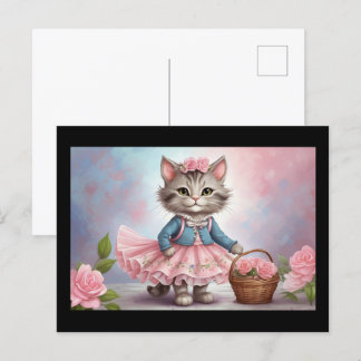 Roze Bloemen Kat in Jurk met Bloemmand Briefkaart