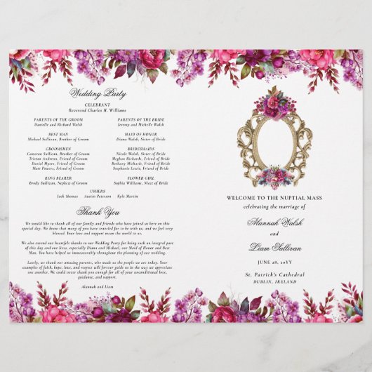 Roze Bloemen Katholieke Huwelijksceremonie Program (Voorkant)