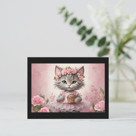 Roze Bloemen Kitten in Jurk Briefkaart (Staand voorkant)