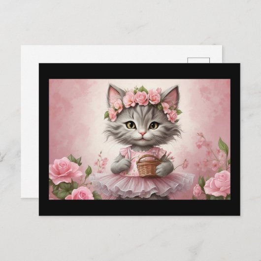 Roze Bloemen Kitten in Jurk Briefkaart (Voorkant / Achterkant)