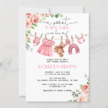 Roze Bloemen Kleding Meisje Baby shower Invitation