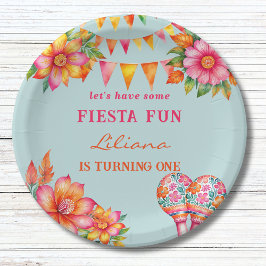 Roze Bloemen Kleurrijk Blauw Fiesta 1e Verjaardag Papieren Bordje
