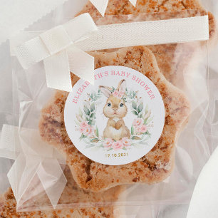 Roze Bloemen Konijntje Konijn Meisje Baby shower F Ronde Sticker