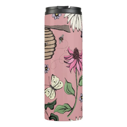 Roze Bloemen Koningin bij & Gouden Kroon Monogram Thermosbeker (Achterkant)