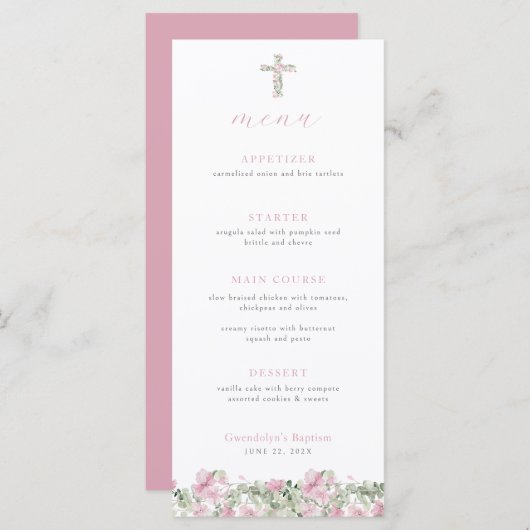 Roze Bloemen Kruis Doop Menu Meisje Doop (Voorkant / Achterkant)