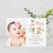 Roze bloemen Kruis & fotodoop Hartelijk dank Kaart (Staand voorkant)