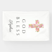 Roze Bloemen Kruis Religieuze God Zegen Spandoek (Horizontaal)
