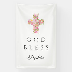 Roze Bloemen Kruis Religieuze God Zegen Spandoek