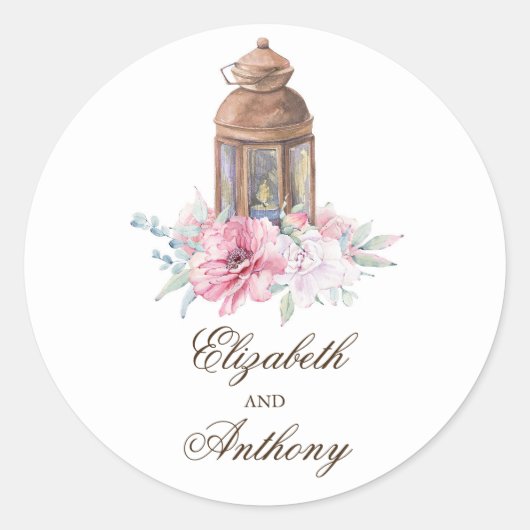 Roze Bloemen Lantaarn Elegante Huwelijk Ronde Sticker (Voorkant)